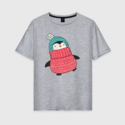 Женская футболка оверсайз Зимний пингвин-девочка