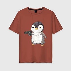 Женская футболка оверсайз Пингвин с пистолетом