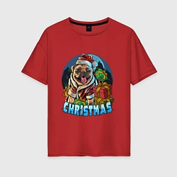 Женская футболка оверсайз Рождественский мопс