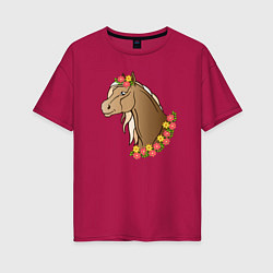 Футболка оверсайз женская Лошадь в цветах, цвет: маджента