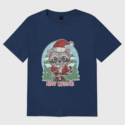 Футболка оверсайз женская Новогодний енот, цвет: тёмно-синий