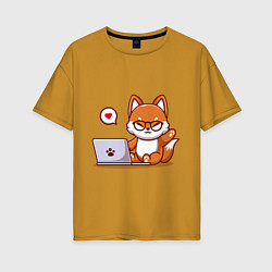 Футболка оверсайз женская Cute fox and laptop, цвет: горчичный