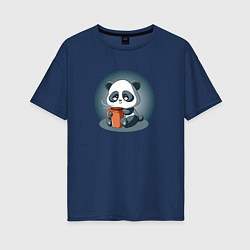 Футболка оверсайз женская Панда с кружкой кофе, цвет: тёмно-синий