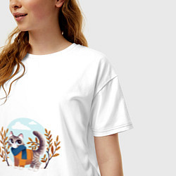 Футболка оверсайз женская Осенний кот, цвет: белый — фото 2