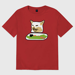 Футболка оверсайз женская Смадж кот мем за столом, цвет: красный