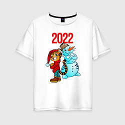 Женская футболка оверсайз Тигр и снеговик 2022