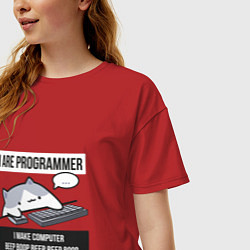 Футболка оверсайз женская I are programmer beep boop Кот программист, цвет: красный — фото 2