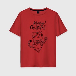 Женская футболка оверсайз Merry Christmas Тигр с Огоньками