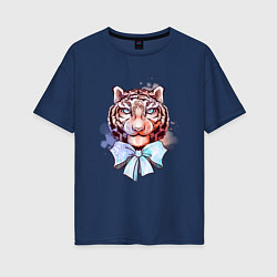 Женская футболка оверсайз Акварельный рыжий тигр с голубым бантом