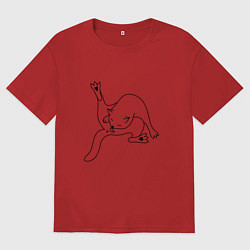 Футболка оверсайз женская Кот вылизывается, цвет: красный