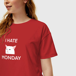 Футболка оверсайз женская I hate monday текст с котом, цвет: красный — фото 2