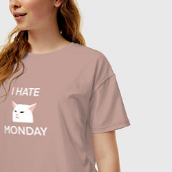 Футболка оверсайз женская I hate monday текст с котом, цвет: пыльно-розовый — фото 2