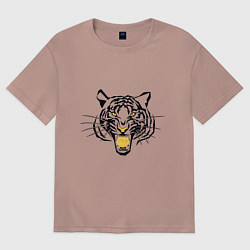 Футболка оверсайз женская Агрессивный тигр с монетой Биткоин в пасти, цвет: пыльно-розовый