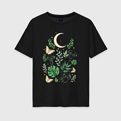 Футболка оверсайз женская Луна, грибы, листья и бабочки, цвет: черный