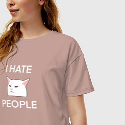 Футболка оверсайз женская I hate people, текст с белым мемным котом, цвет: пыльно-розовый — фото 2
