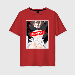 Женская футболка оверсайз Девушка и надпись Senpai Ahegao