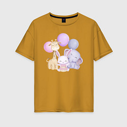 Женская футболка оверсайз Милый Жирафик, Слонёнок и Крольчонок На Празднике