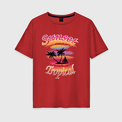 Женская футболка оверсайз Тропический закат пальмы яхта unsets tropical