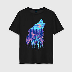 Женская футболка оверсайз Красочный пейзаж на волчьей голове
