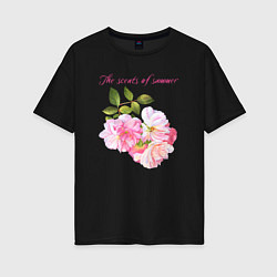 Футболка оверсайз женская Ароматы лета розовые розы лето, цвет: черный