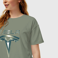 Футболка оверсайз женская Tesla Logo Тесла Логотип Карбон, цвет: авокадо — фото 2
