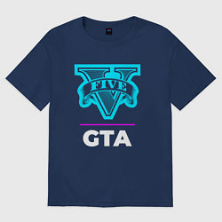 Футболка оверсайз женская Символ GTA в неоновых цветах, цвет: тёмно-синий