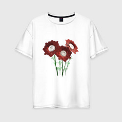 Футболка оверсайз женская Flowers red white, цвет: белый