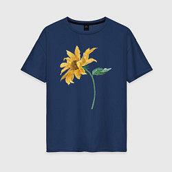 Футболка оверсайз женская Branch With a Sunflower Подсолнух, цвет: тёмно-синий