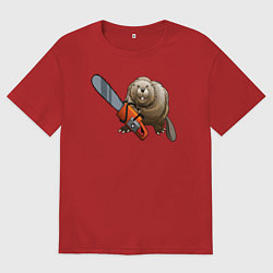 Футболка оверсайз женская Бобер с бензопилой, цвет: красный