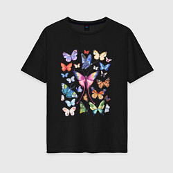 Футболка оверсайз женская Волшебные бабочки акварелью, цвет: черный