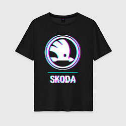 Футболка оверсайз женская Значок Skoda в стиле glitch, цвет: черный