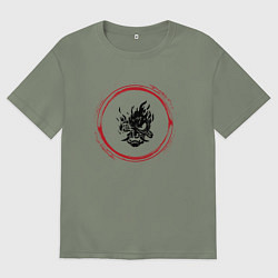 Футболка оверсайз женская Символ Cyberpunk 2077 и красная краска вокруг, цвет: авокадо