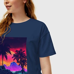 Футболка оверсайз женская Синтвейв пляж и пальмы, цвет: тёмно-синий — фото 2