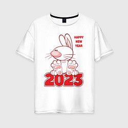 Футболка оверсайз женская Happy New Year, 2023, кролик сидит на цифрах, цвет: белый