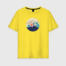 Женская футболка оверсайз Большие океанские волны и силуэт острова на закате