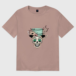 Футболка оверсайз женская Череп в шляпе и цветах, цвет: пыльно-розовый
