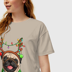 Футболка оверсайз женская Новогодний мопс, цвет: миндальный — фото 2