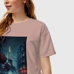 Футболка оверсайз женская Нейросеть - Ночной Париж, цвет: пыльно-розовый — фото 2