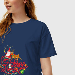 Футболка оверсайз женская С Новым годом - Дед Мороз, олень и зайчик - символ, цвет: тёмно-синий — фото 2