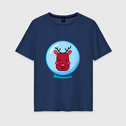Женская футболка оверсайз Снежный шар с портретом оленя