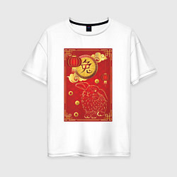Женская футболка оверсайз Китайский иероглиф и золотой кролик на красном