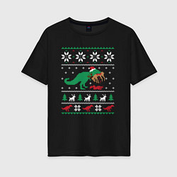 Футболка оверсайз женская Новогодний тирекс - ugly sweater, цвет: черный