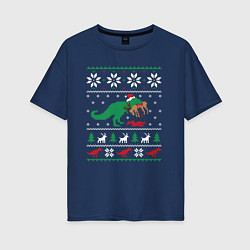 Футболка оверсайз женская Новогодний тирекс - ugly sweater, цвет: тёмно-синий