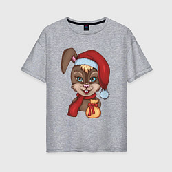 Женская футболка оверсайз Кролик новогодний в шапке Деда Мороза с подарком