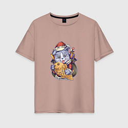 Женская футболка оверсайз Новогодний котик с рыбкой