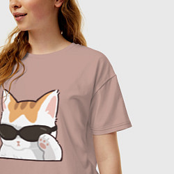 Футболка оверсайз женская Бело-рыжий котик в очках, цвет: пыльно-розовый — фото 2