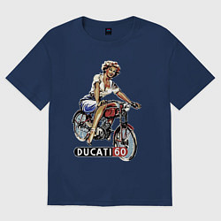 Футболка оверсайз женская Красивая девушка на мотоцикле Ducati - retro, цвет: тёмно-синий