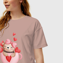 Футболка оверсайз женская Мишка в кружке с сердечком, цвет: пыльно-розовый — фото 2