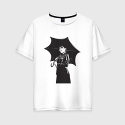 Женская футболка оверсайз Уэнсдей Аддамс с зонтом черно-белый