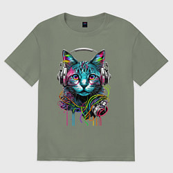 Футболка оверсайз женская Кот меломан, цвет: авокадо